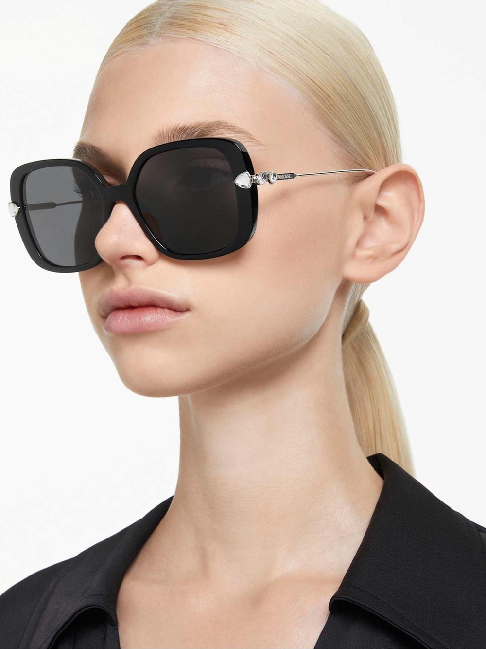Swarovski Black Oversized Square Sunglasses with Crystal Temples